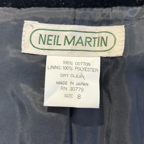 90s NEIL MARTIN BLACK VELVET BLAZER COTTON CROPPED COLLARLESS & 3/4 SLEEVES SZ 8 - Picture 9 of 9